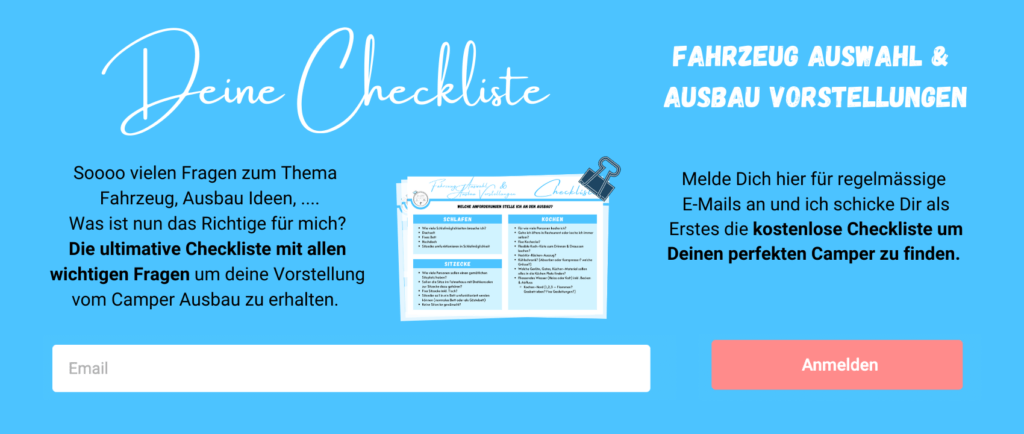 Grafik Checkliste Fahrzeug Auswahl und Ausbau Vorstellungen - Anmeldung Newsletter