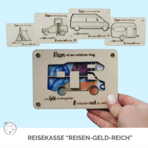 Holz Geldgeschenk für Camper: Reise-Kasse "Reisen-Geld-Reich"