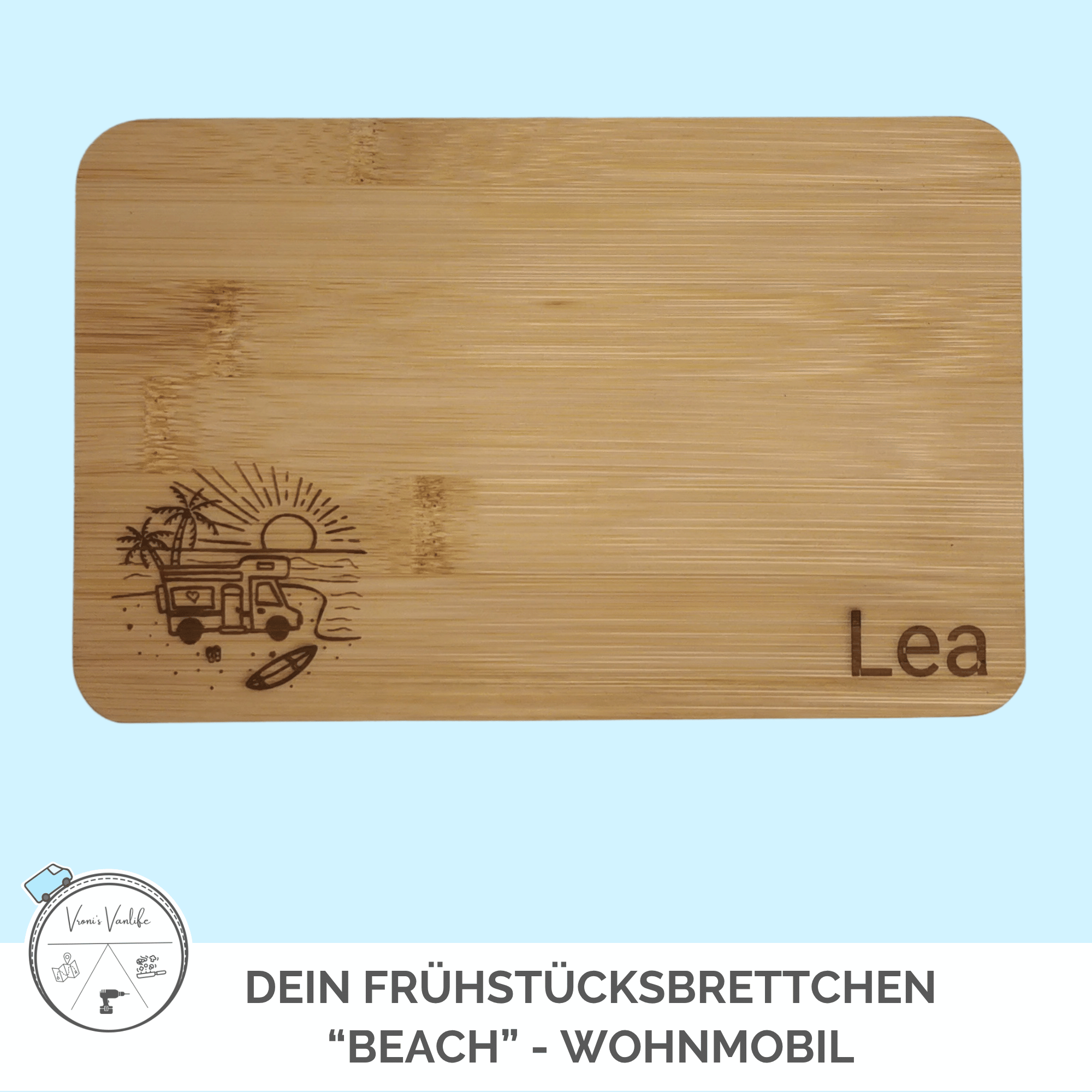 Frühstücksbrettchen Bambus „Beach“ Wohnmobil  – personalisierbar