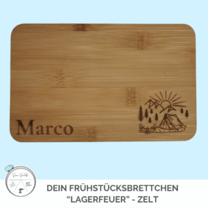 Frühstücksbrettchen Bambus "Lagerfeuer" Zelt – personalisierbar