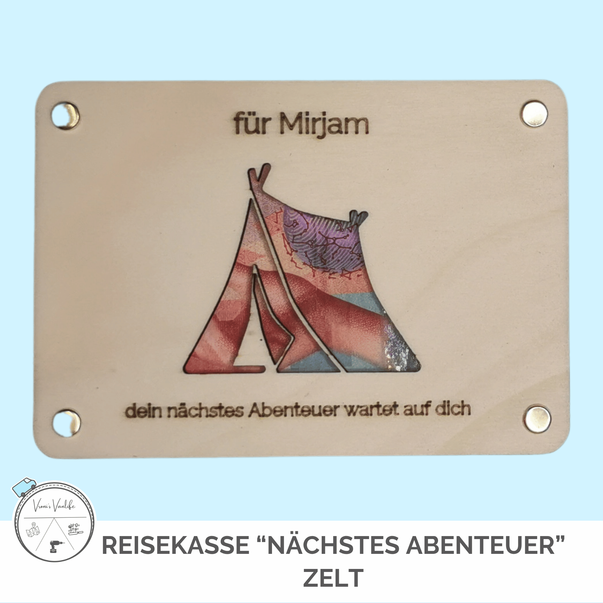 Reise-Kasse „nächstes Abenteuer“ – Zelt – personalisierbar
