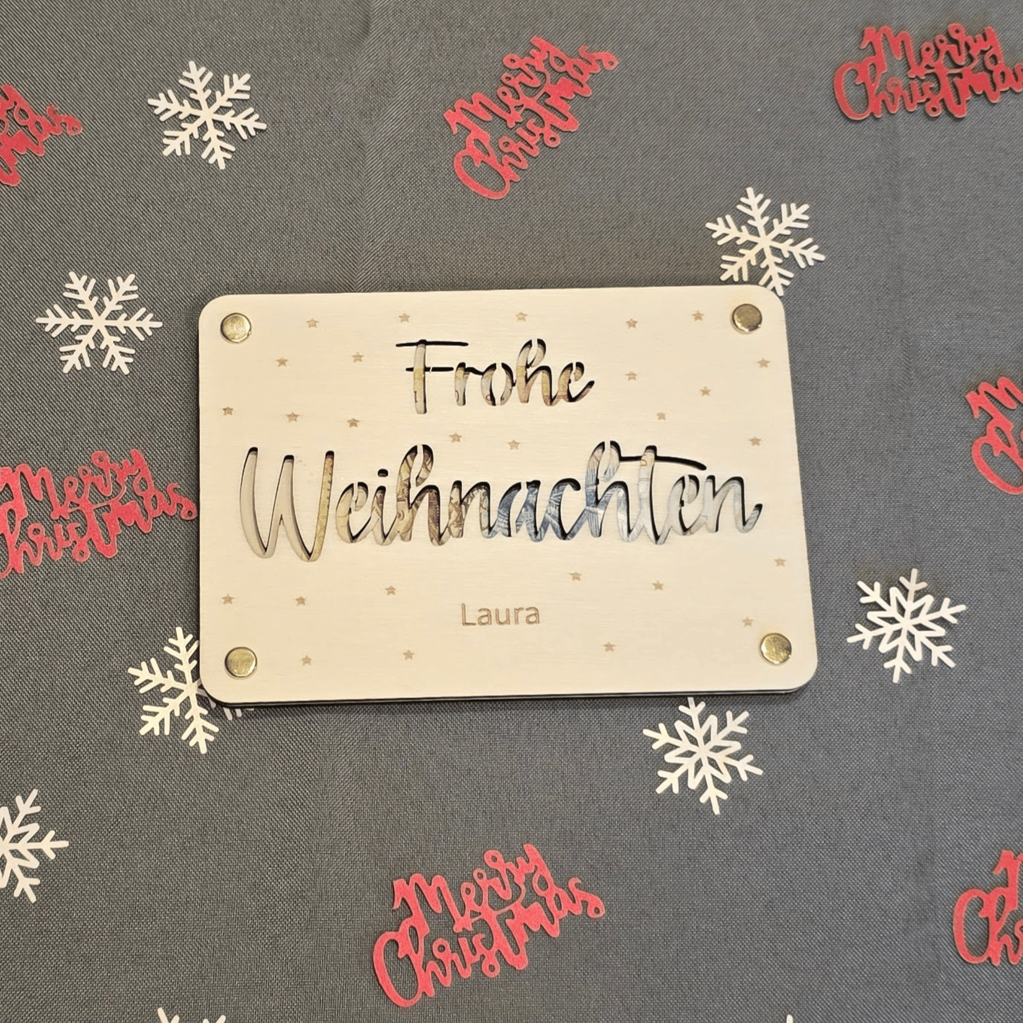 Personalisierbare Weihnachts-Geldkarte aus Holz mit Namensgravur