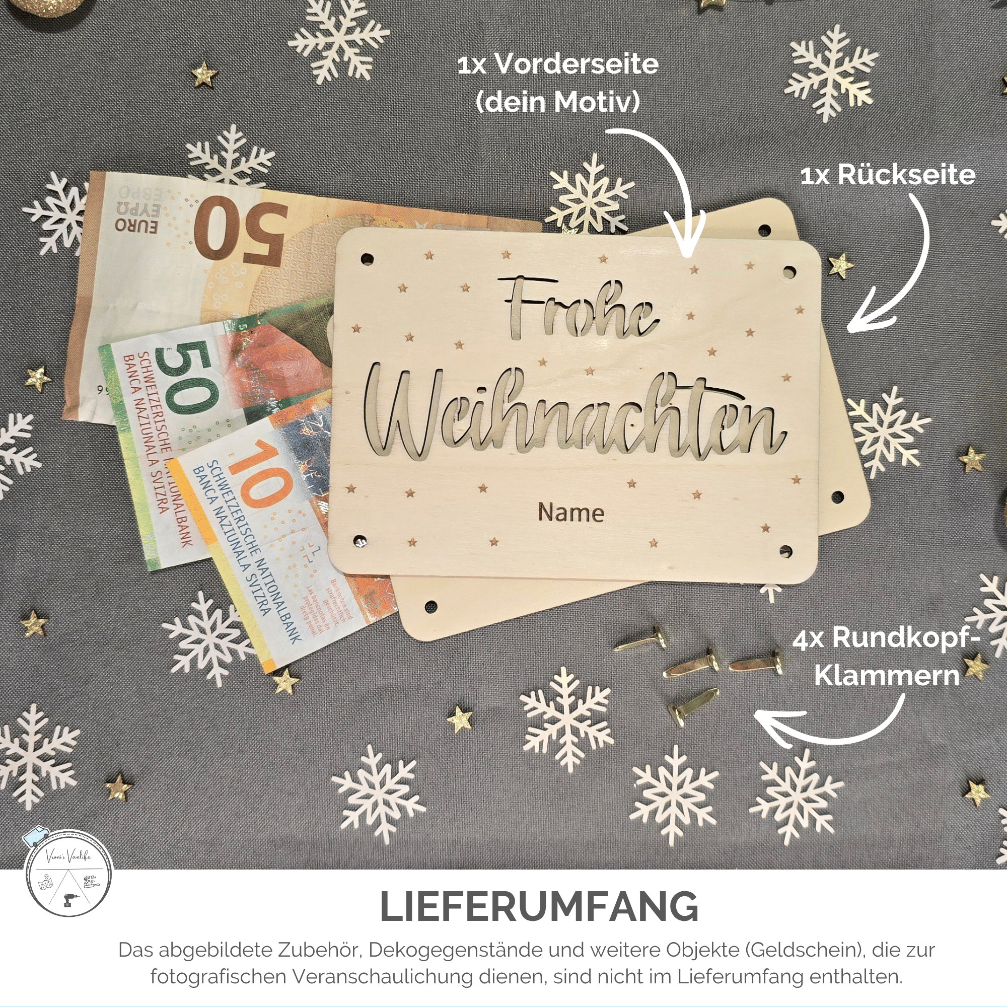 Geld zu Weihnachten schön verpackt in individueller Holzkarte