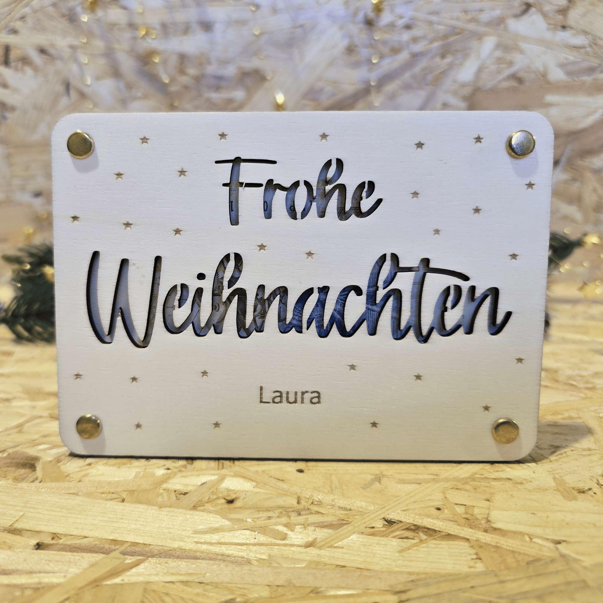 Weihnachten Geld kreativ verpacken mit lasergravierter Holzkarte
