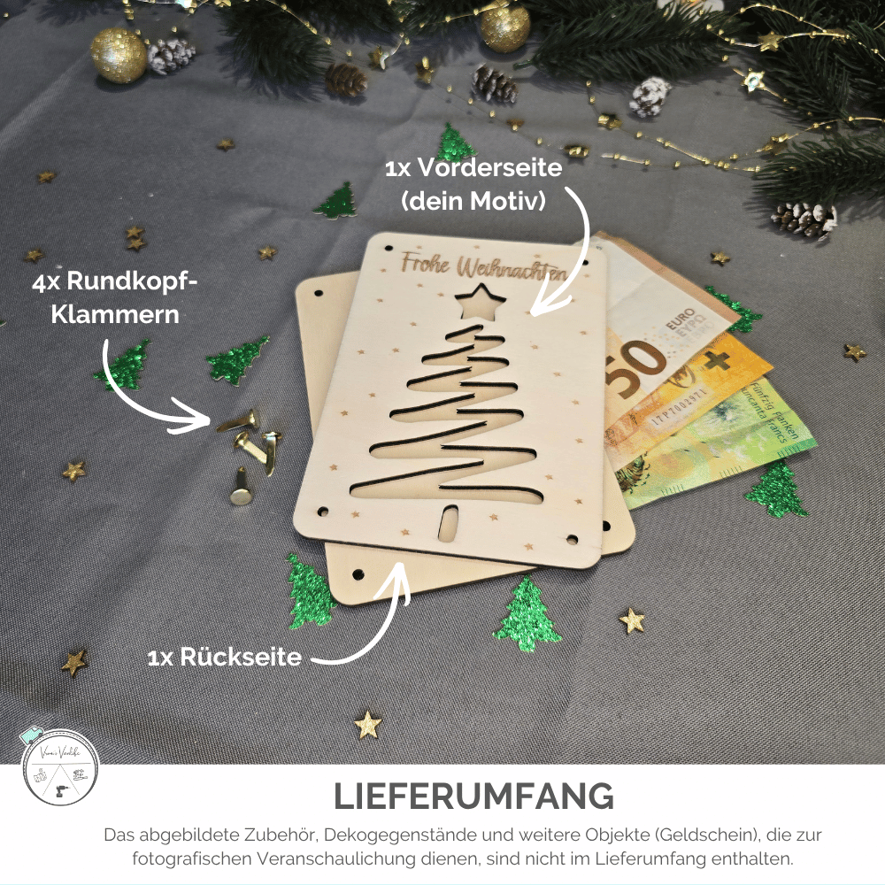 Lieferumfang der Geldgeschenk-Verpackung: Front- und Rückseite aus Pappelholz mit Rundkopfklammern
