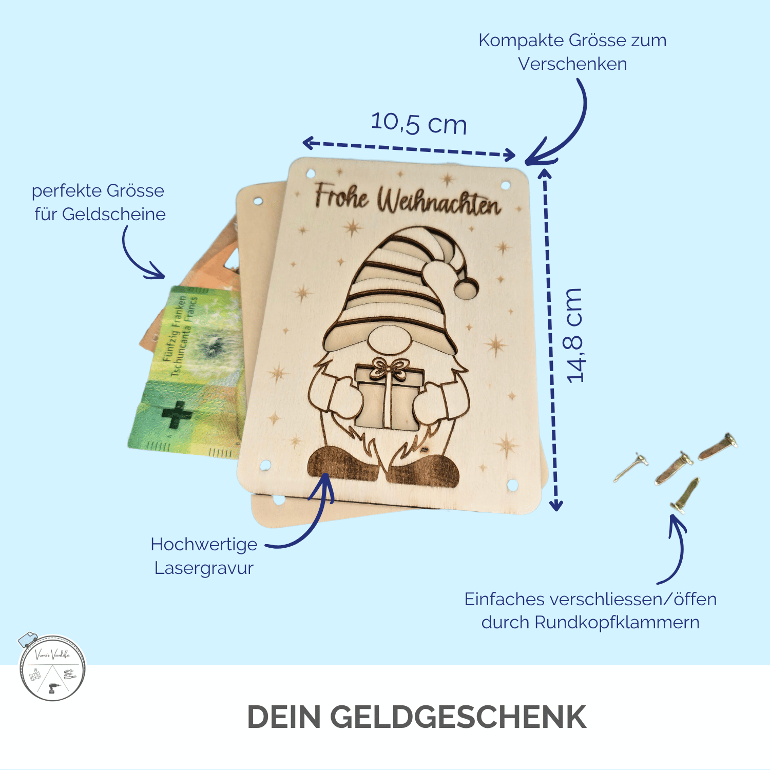 Geschenkidee für Geld zu Weihnachten, Holzkarte 14,8×10,5 cm im Postkartenformat