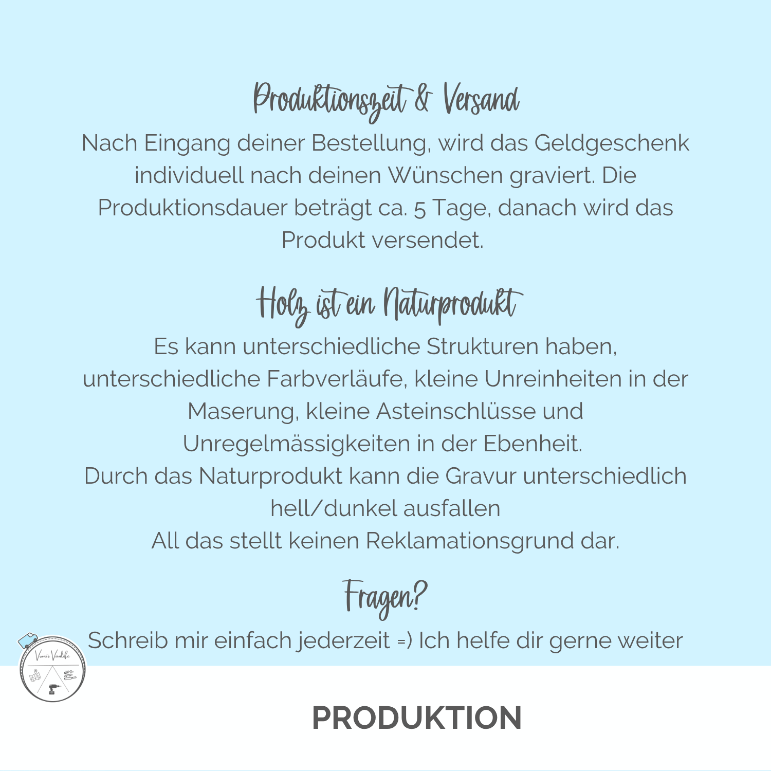 Infografik zu Fertigung, Versand und Naturmaterial Holz bei VronisVanlife