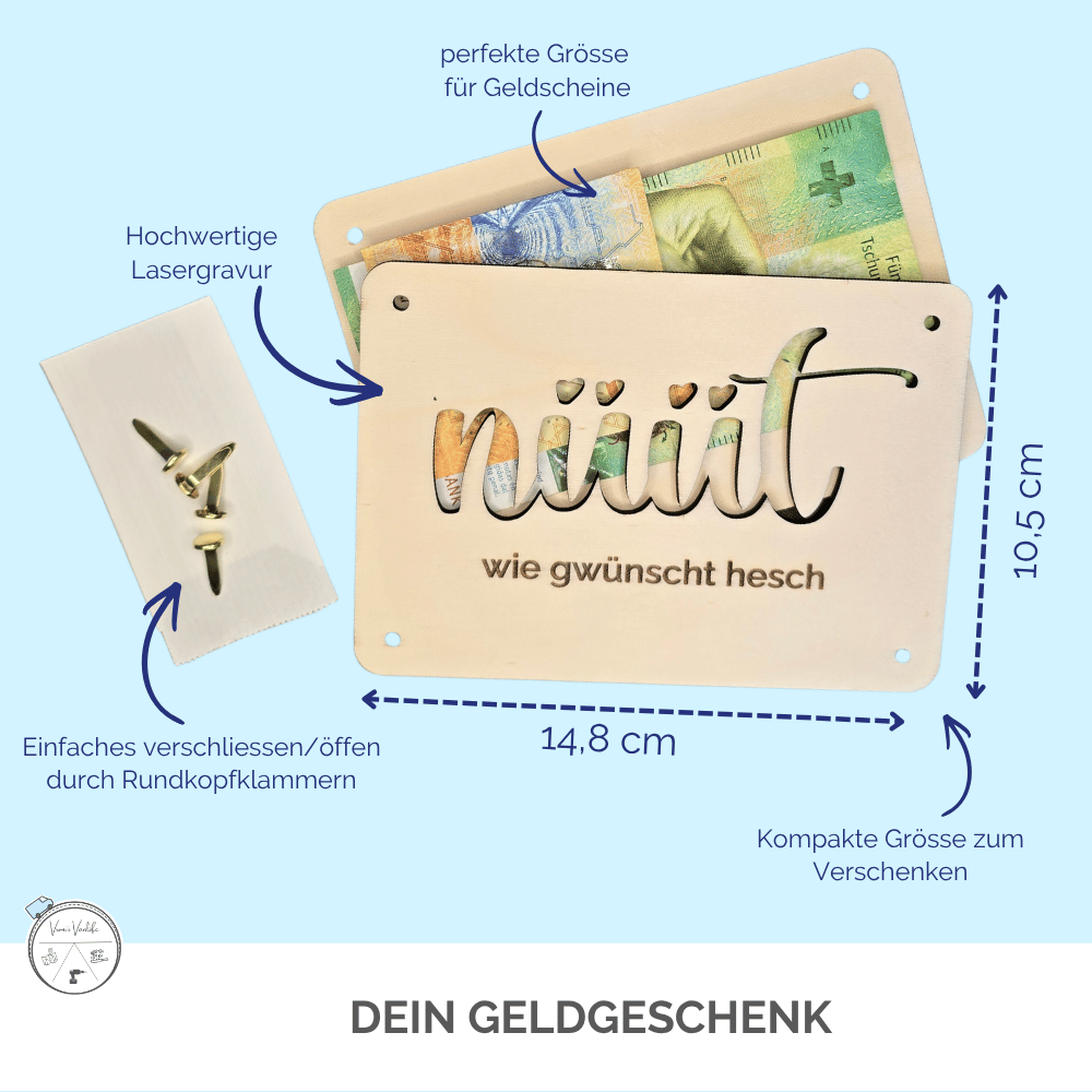 Idee Weihnachtsgeschenk: Geld witzig verpackt in Holzkarte mit Gravur