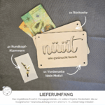 Lieferumfang Geldgeschenk-Verpackung: Front und Rückseite aus 4 mm Pappelholz mit Klammern