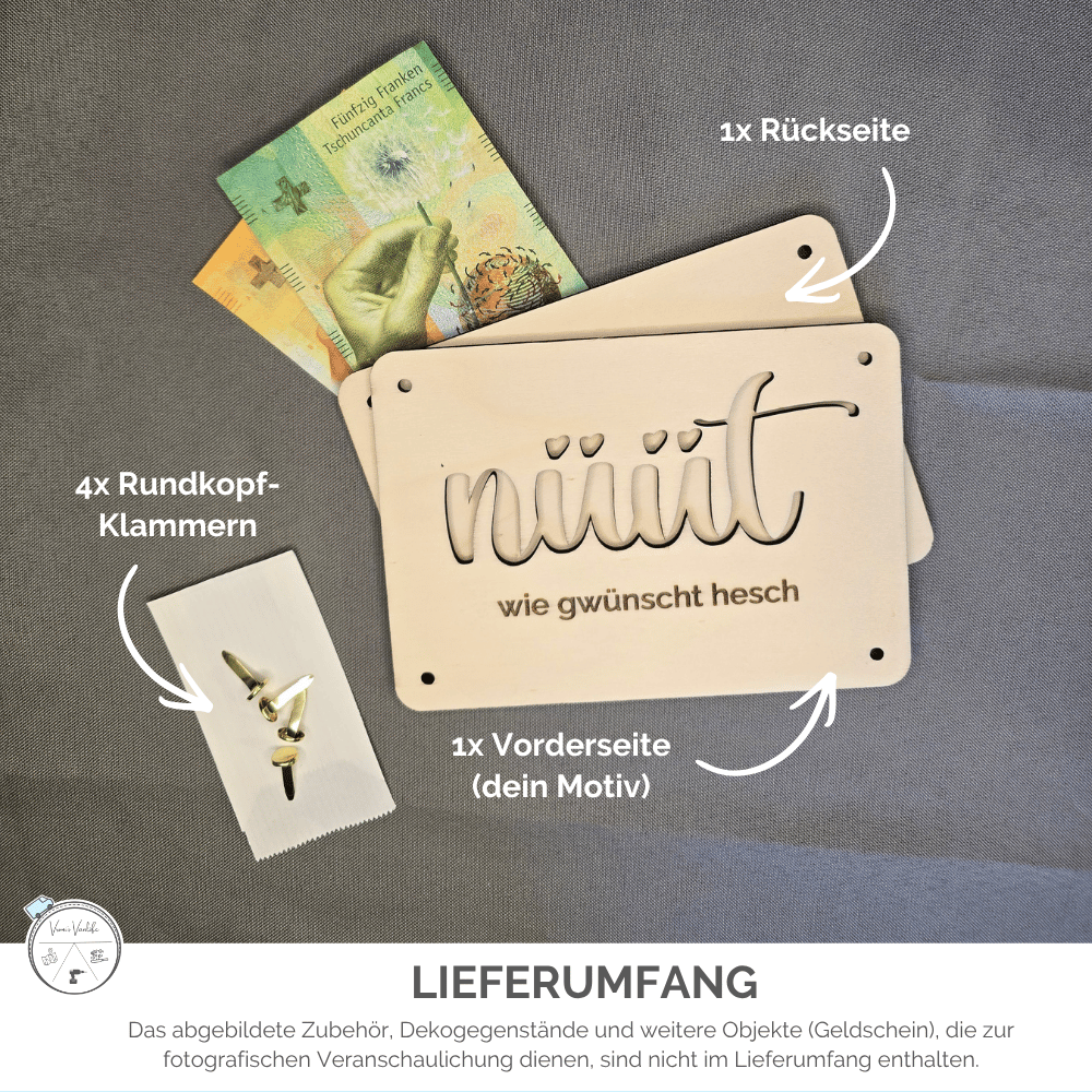 Lieferumfang Geldgeschenk-Verpackung: Front und Rückseite aus 4 mm Pappelholz mit Klammern