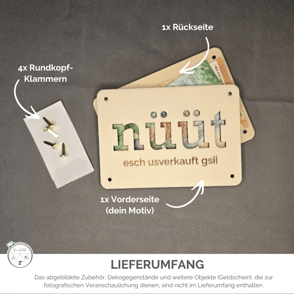 Lieferumfang Geldgeschenk-Verpackung: Front und Rückseite aus Pappelholz mit Rundkopfklammern