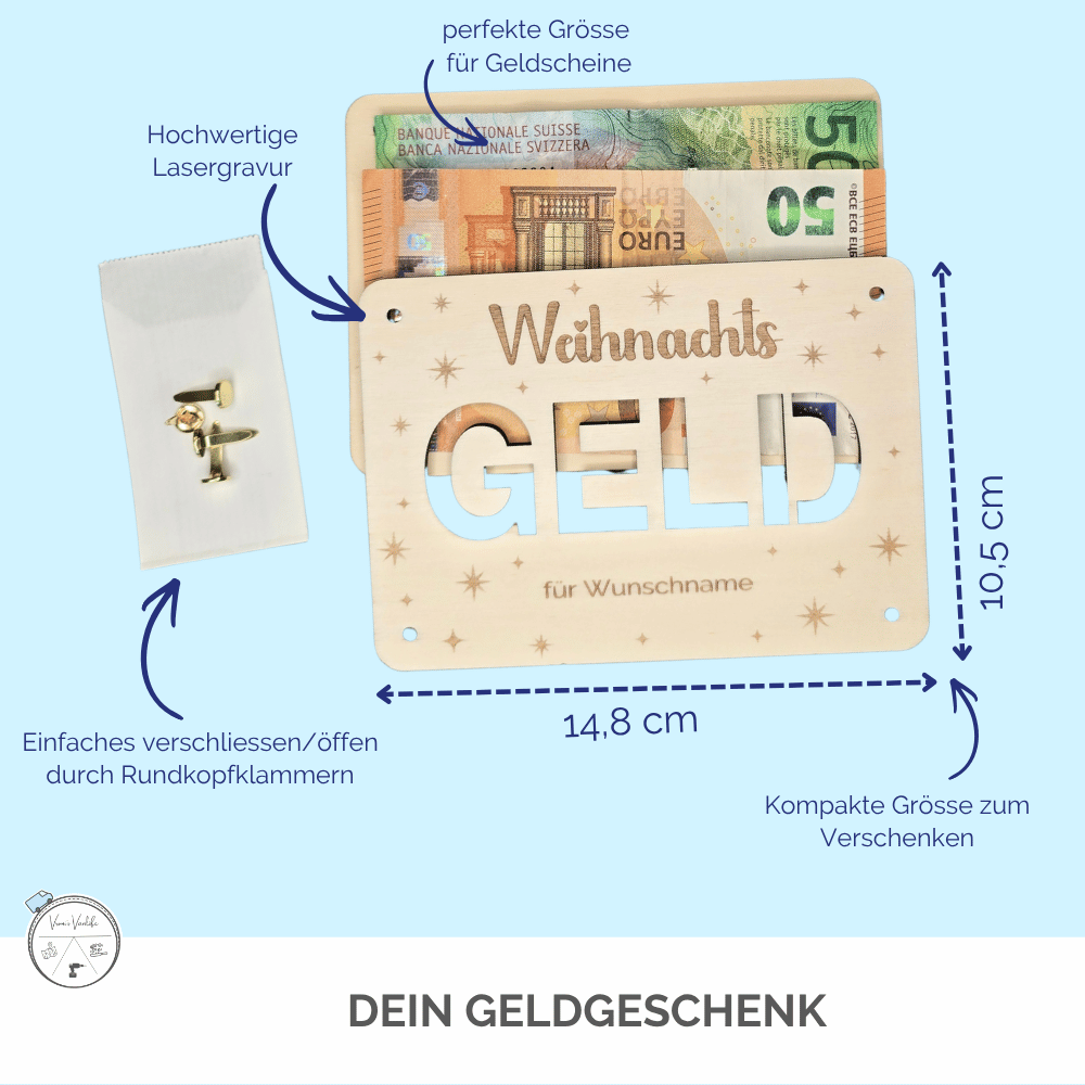 Weihnachts-Geldgeschenk aus Holz mit Sternen, Geldscheine hinter dem ausgeschnittenen Schriftzug GELD