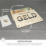 Lieferumfang Geldgeschenk-Verpackung: Vorderseite, Rückseite und vier goldfarbene Rundkopfklammern
