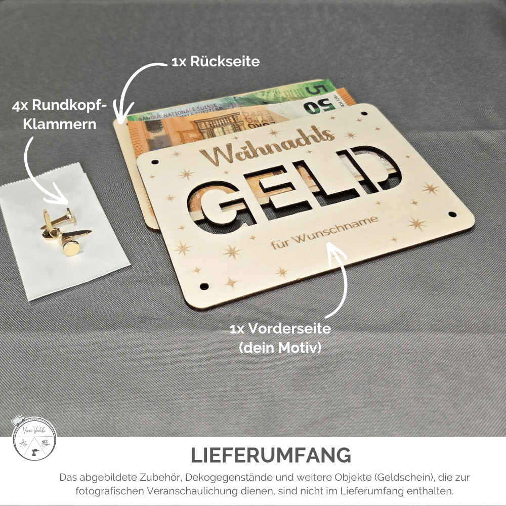 Lieferumfang Geldgeschenk-Verpackung: Vorderseite, Rückseite und vier goldfarbene Rundkopfklammern