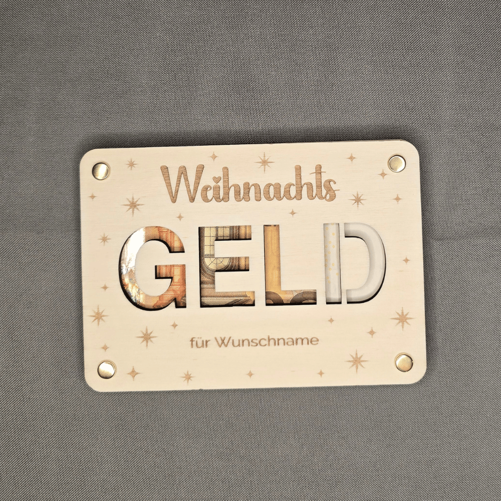 Personalisiertes Weihnachtsgeschenk: Geldgeschenk aus Holz mit Wunschname und Sternmotiven