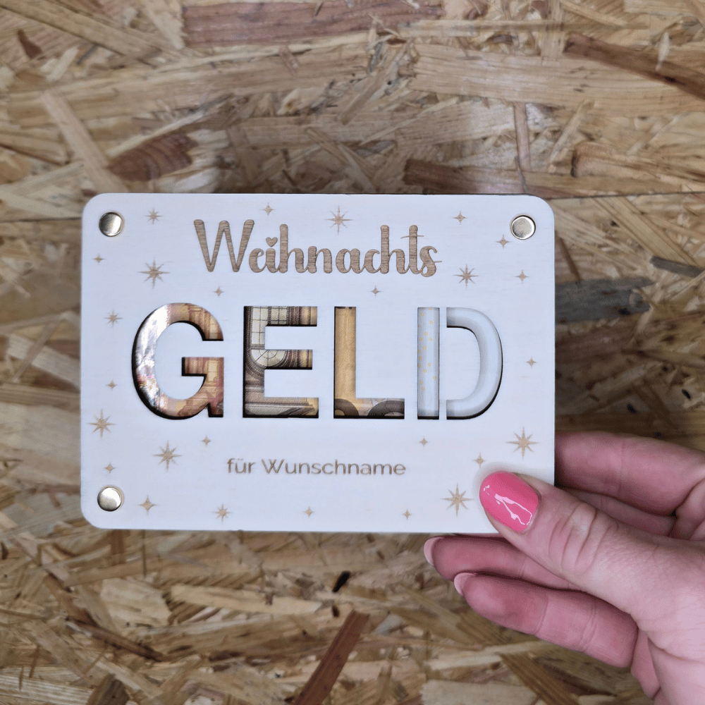 Kreatives Geldgeschenk aus Pappelholz im Postkartenformat 14,8×10,5 cm mit Rundkopfklammern
