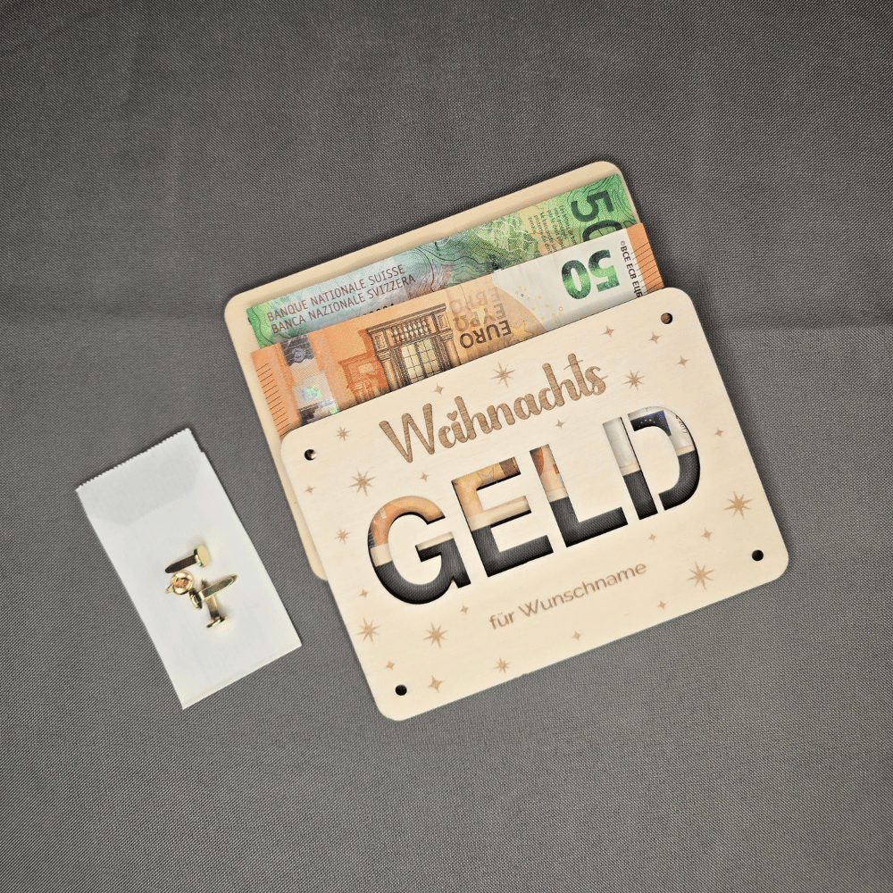 Geldgeschenk zu Weihnachten verpacken: Geldscheine schimmern durch die ausgeschnittenen Buchstaben GELD
