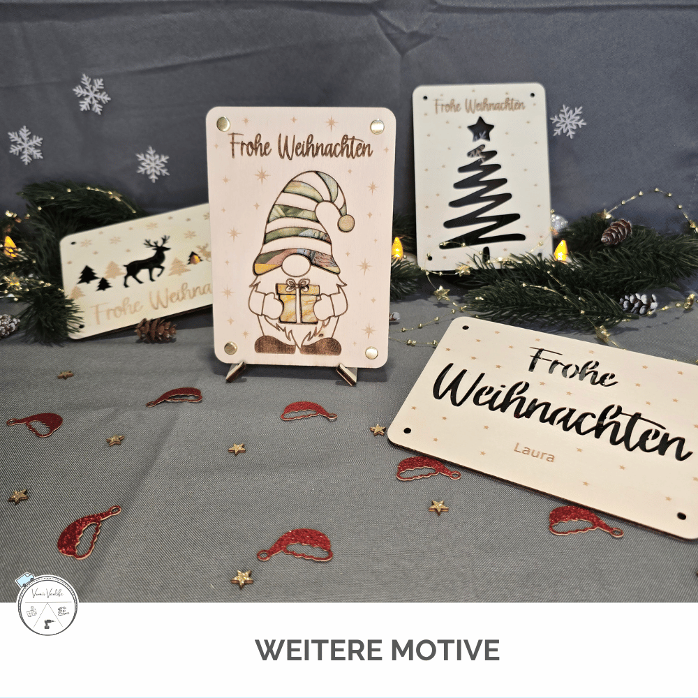 Weitere Geldgeschenk-Verpackungen aus Holz mit Wichtel, Weihnachtsbaum und Hirsch-Motiv