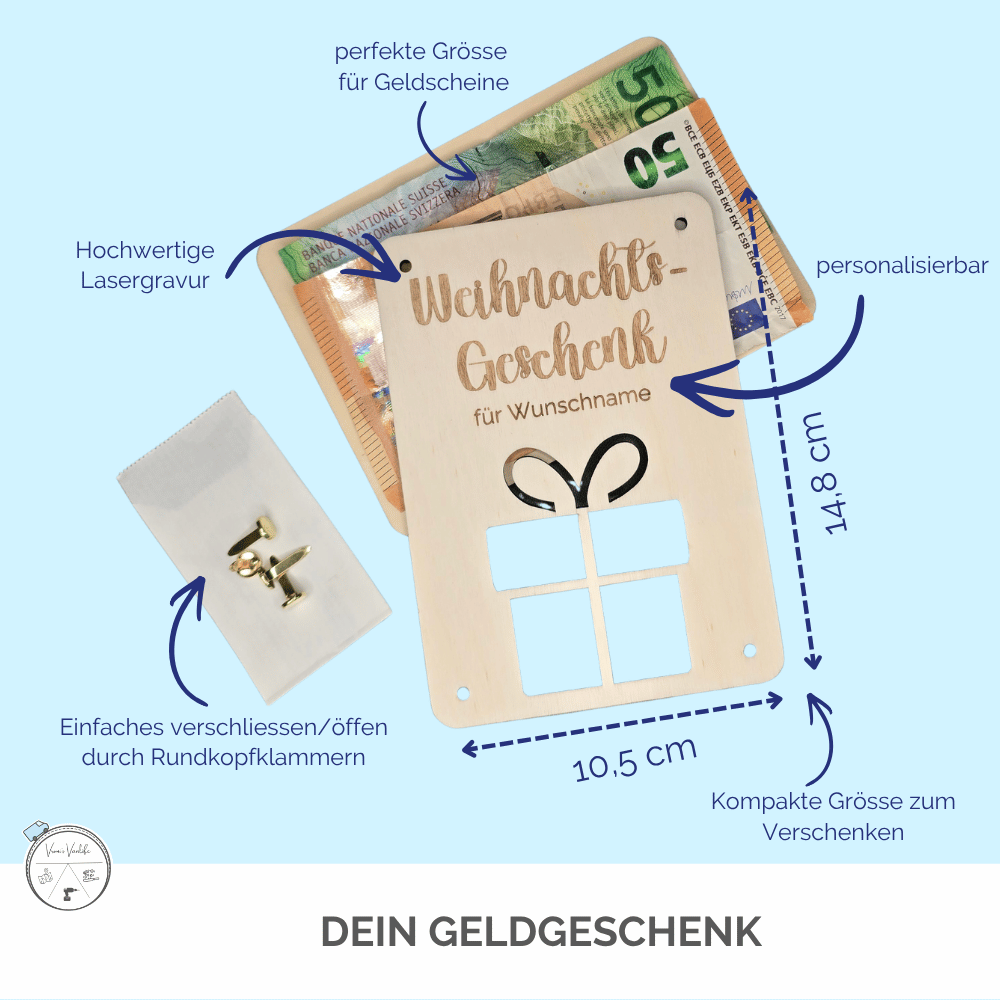 Geld verpacken zu Weihnachten: Holzkarte mit Geschenkform liegt auf einem Geldschein, dazu Befestigungsmaterial