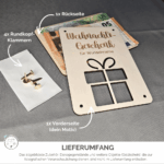 Lieferumfang Verpackung für Geldgeschenk: Holzkarte 14,8×10,5 cm mit goldfarbenen Rundkopfklammern im Beutel