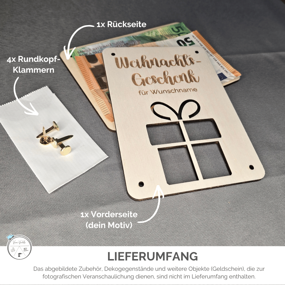 Lieferumfang Verpackung für Geldgeschenk: Holzkarte 14,8×10,5 cm mit goldfarbenen Rundkopfklammern im Beutel