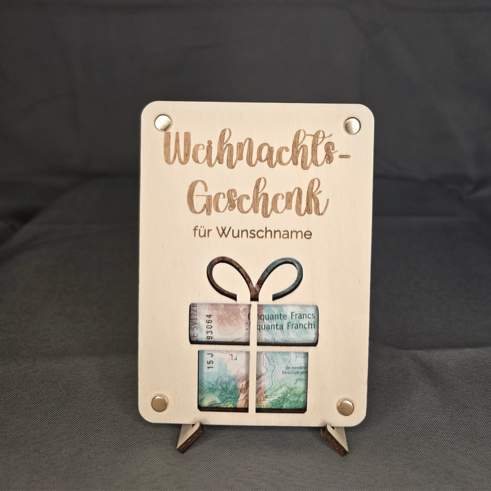Geldgeschenk zu Weihnachten aus Pappelholz mit Gravur und Geschenkbox-Ausstanzung