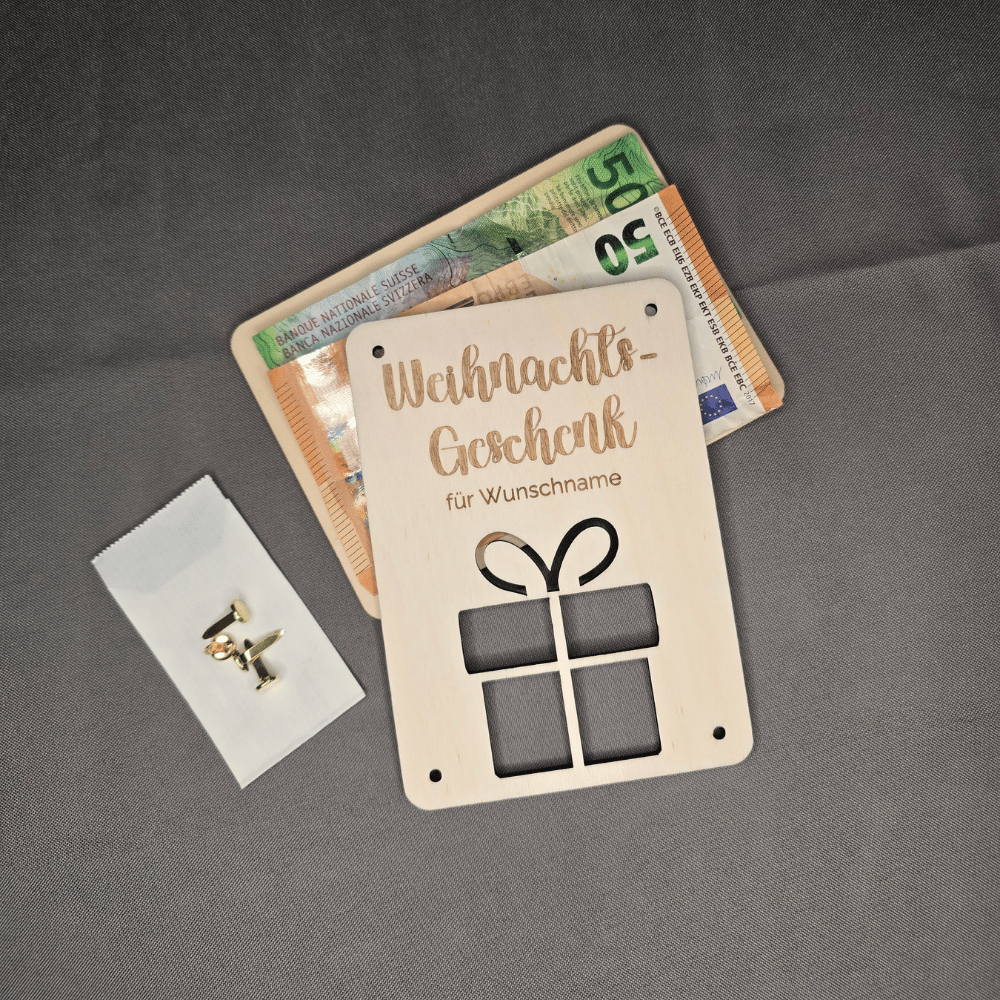 Verpackung für Geldgeschenk: vier gefaltete Banknoten hinter dem geschenkförmigen Ausschnitt