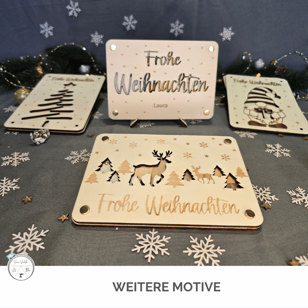 Weitere personalisierbare Weihnachts-Geldgeschenke aus Holz mit Rentier, Wichtel und Weihnachtsbaum