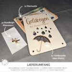 Lieferumfang Geldregen Geschenk: Vorderseite, Rückseite und vier goldfarbene Rundkopfklammern