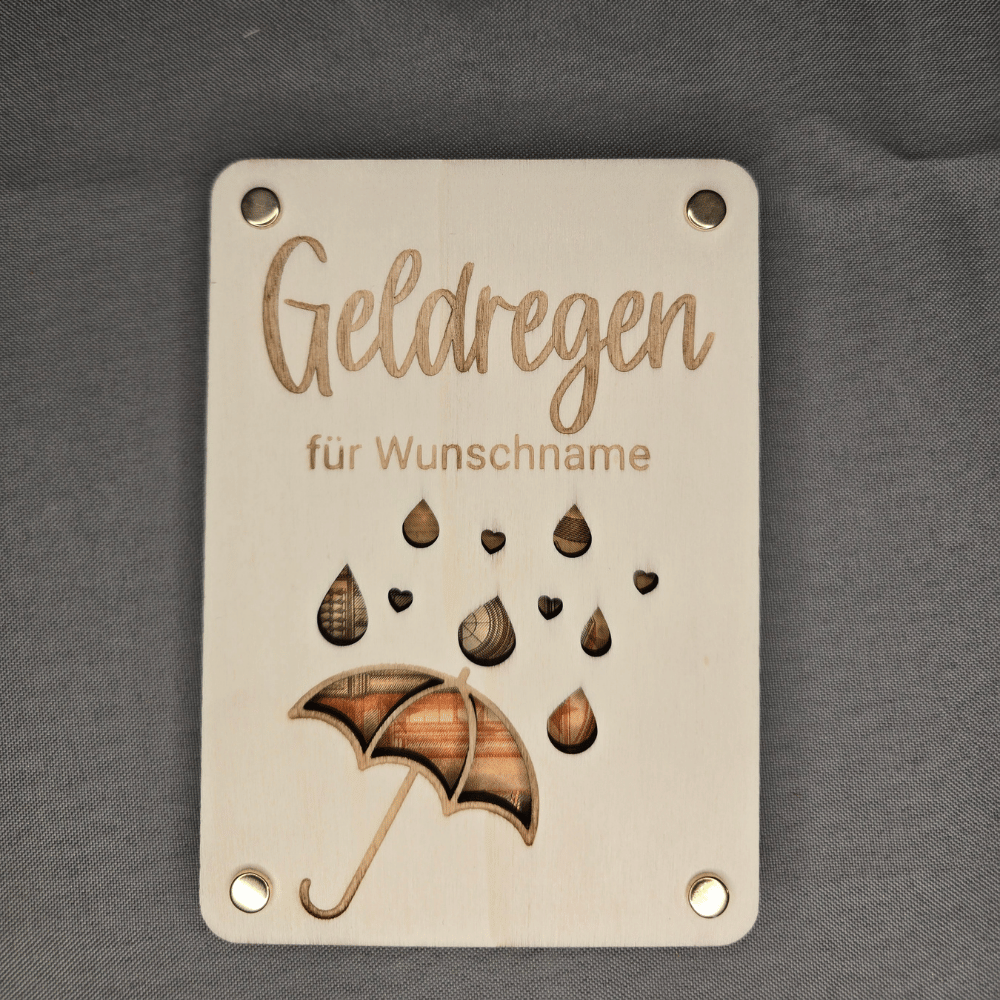 Geld Regen als Geldgeschenk Idee: Holzschild mit ausgeschnittenem Regenschirm und herzförmigen Regentropfen