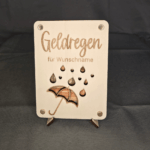 Personalisiertes Geldgeschenk zum Geburtstag: Holzkarte mit Geldregen-Motiv und Wunschname