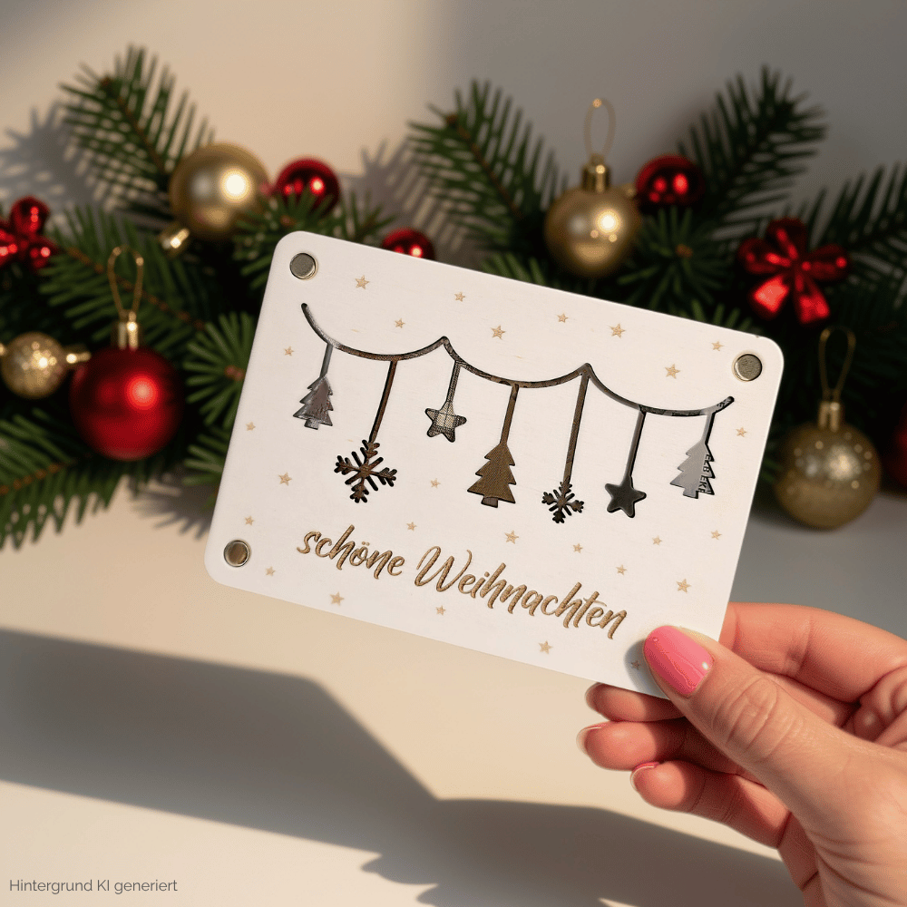 Geld schön verpacken zu Weihnachten mit Holzkarte im Girlanden-Design