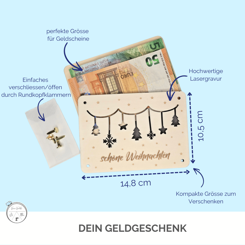 Geldgeschenk-Verpackung aus Holz mit Girlanden-Motiv, auch als Idee für Geburtstag geeignet