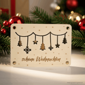 Geld verpacken zu Weihnachten in gravierter Holzkarte mit Tannengirlande