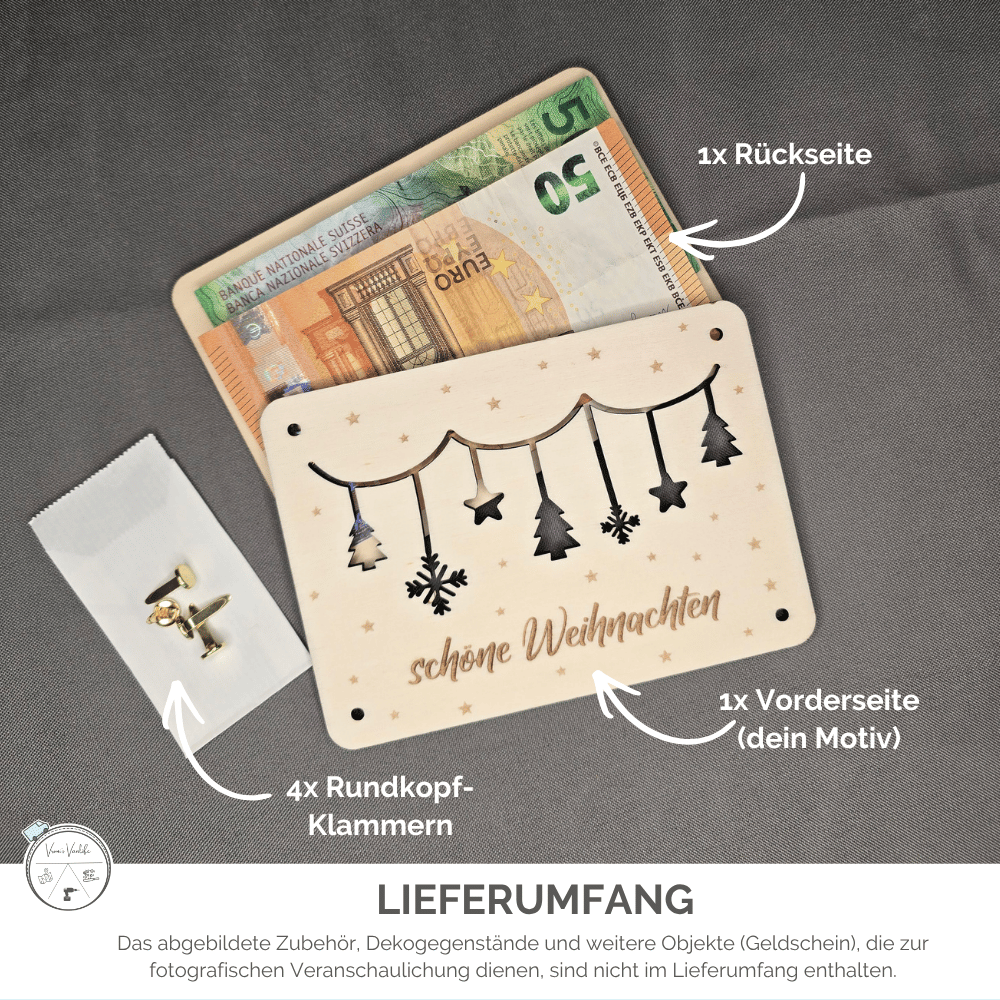 Geldgeschenk-Verpackung aus Holz mit gravierter Tannengirlande und Schleife
