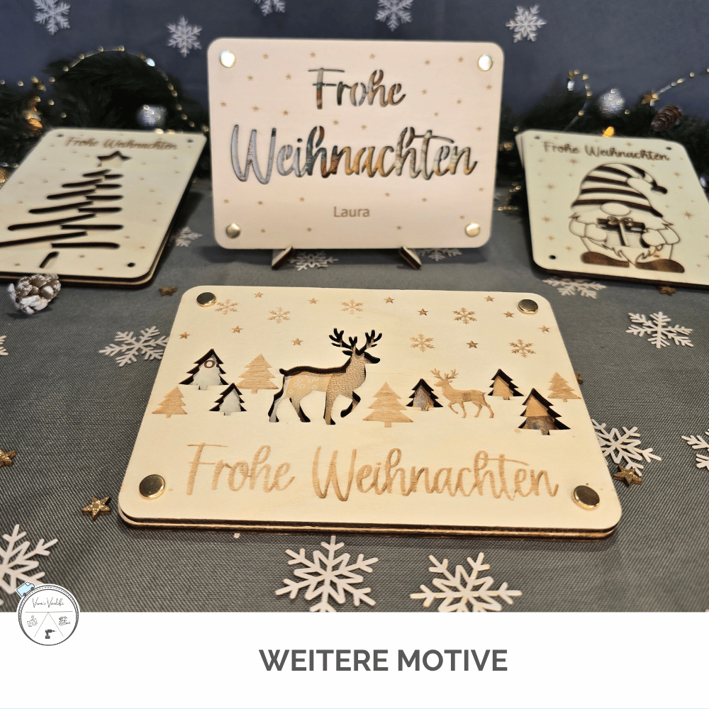 Weitere personalisierte Geldgeschenke aus Holz mit Rentier, Wichtel und Weihnachtsbaum