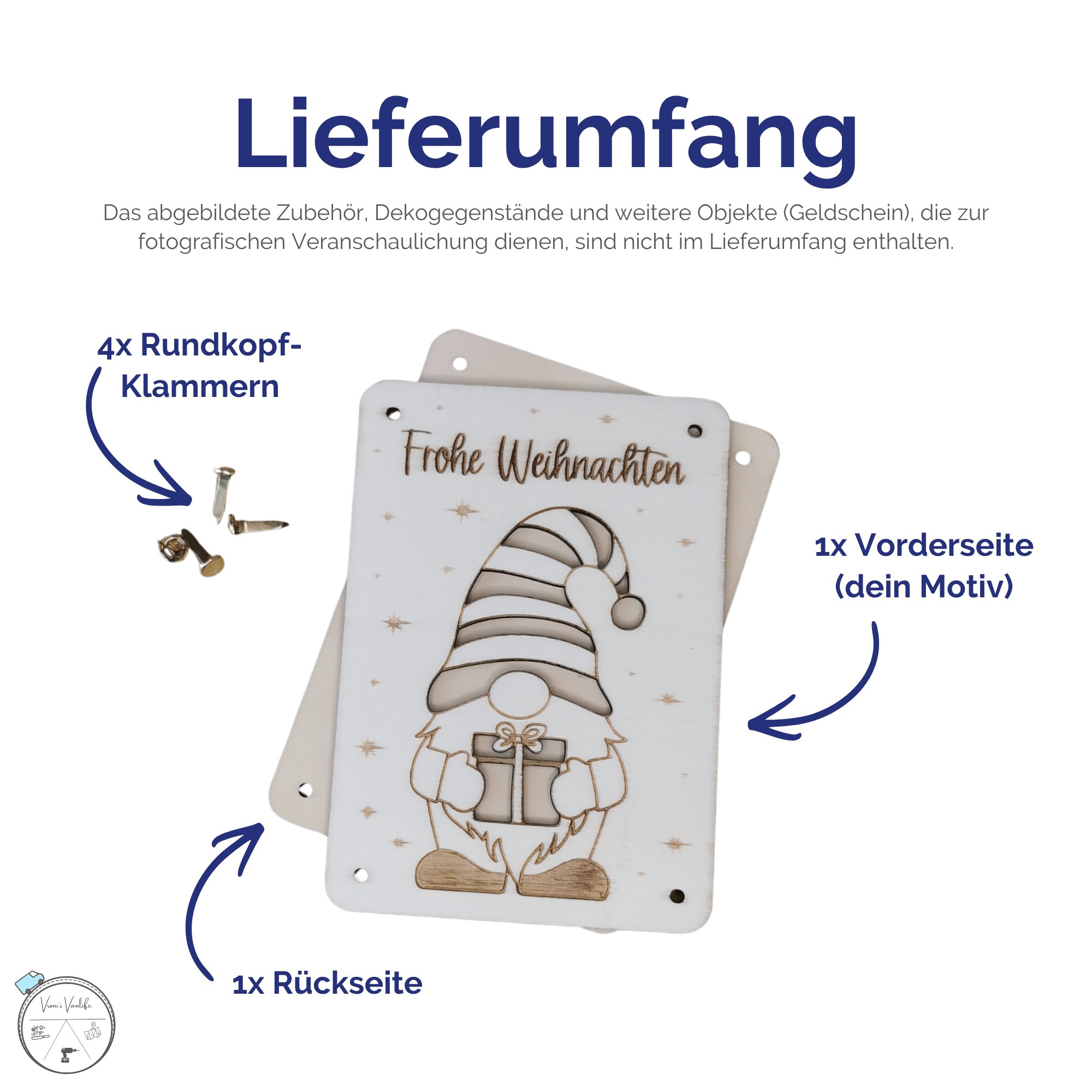 Lieferumfang: Vorderseite mit Gnom-Motiv, Rückseite aus Holz und vier Rundkopfklammern auf weissem Hintergrund