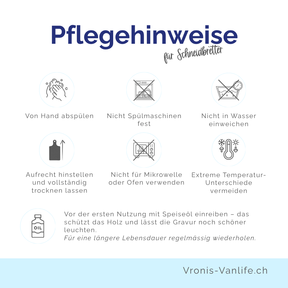 Pflegehinweise für Bambus-Schneidbretter: von Hand abspülen, nicht spülmaschinenfest, nicht einweichen, aufrecht trocknen lassen, nicht in Mikrowelle oder Ofen, vor der ersten Nutzung mit Speiseöl einreiben
