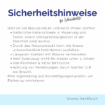 Sicherheitshinweise für Holz-Schneidbretter: natürliche Unterschiede in Maserung und Gravur, längeren Wasserkontakt vermeiden, kein Spielzeug für Kinder unter 3 Jahren, von Hitze fernhalten