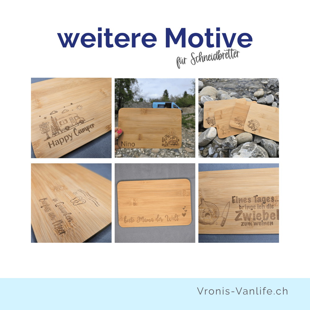 Weitere gravierte Bambus-Schneidbretter von Vroni's Vanlife: Happy Camper, Name mit Bergmotiv, beste Mama der Welt, Zwiebel-Spruch und Barfuss am Meer